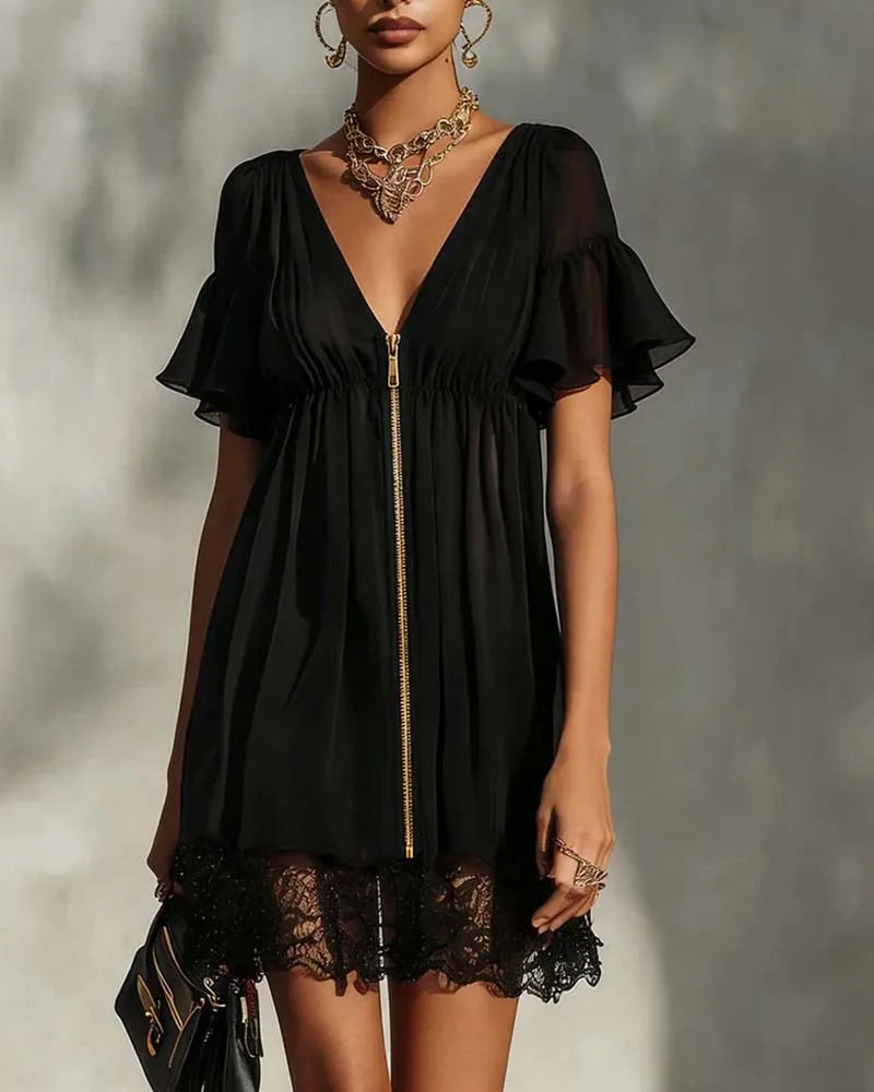 Ruffle Flare Sleeve Zipper Lace Dress