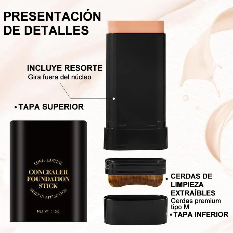 Concealer stick foundation, double-ended with built-in brush, moisturizing and lightweight