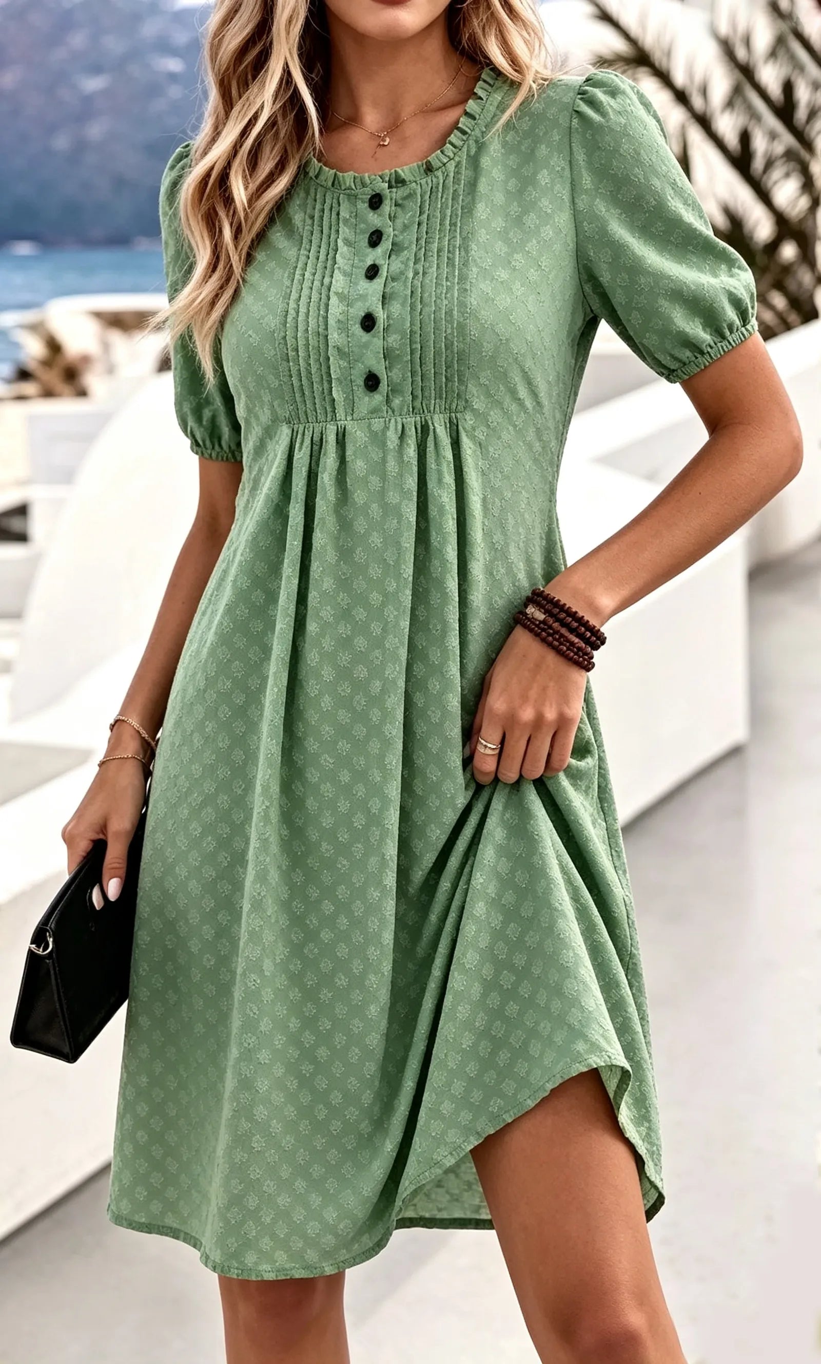 Crew Neck Polka Dot Ruffle Dress