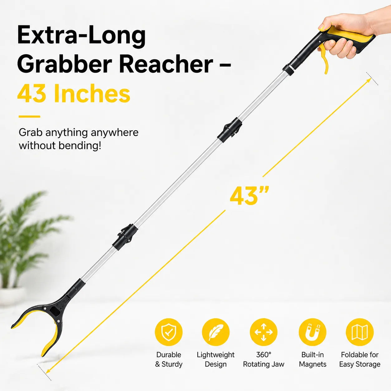43" Extra Long Grabber Reacher Tool – Heavy Duty with 360° Rotating Jaw & Magnets