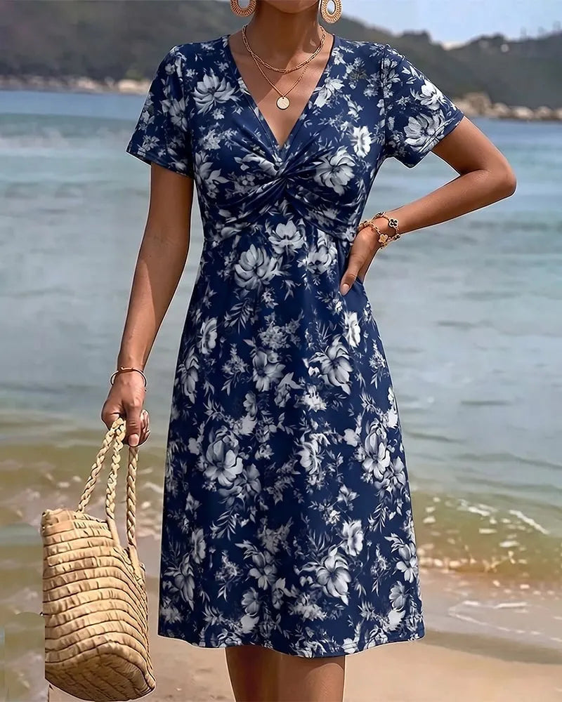 Floral V-Neck Twist Knot Dress