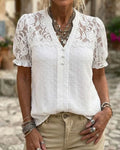 Lace Patchwork Puff Sleeve V-Neck Blouse