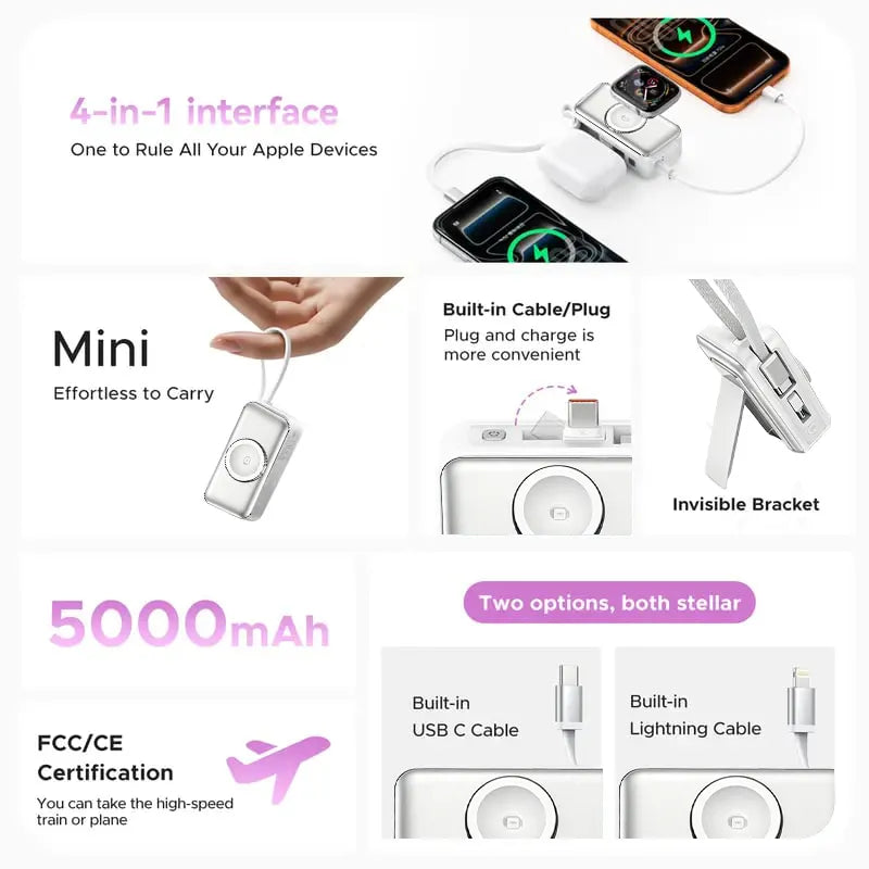 🔋 Orico 3-in-1 Power Bank – Integrated Cable & Foldable Wall Plug – Wireless Watch Charger for iPhone & Android ✈️
