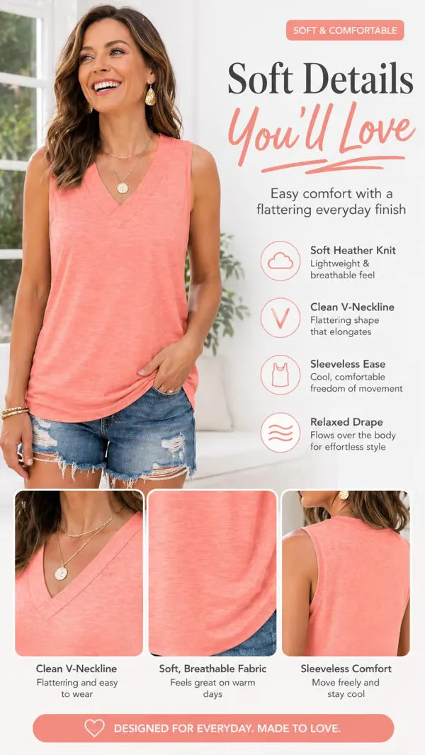 Women Summer Sleeveless V Neck Tank Top, Slimming Loose Fit Casual Tee for Daily☀️