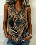 ❣Leopard Print Tie Front Sleeveless Blouse