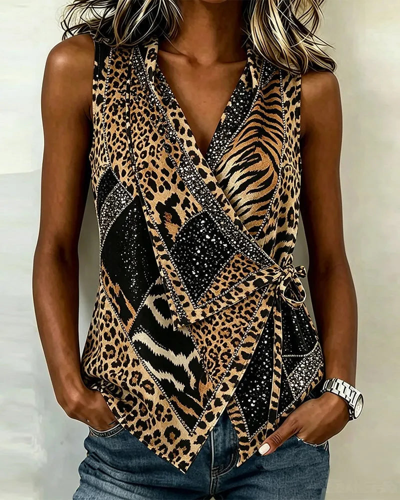 ❣Leopard Print Tie Front Sleeveless Blouse