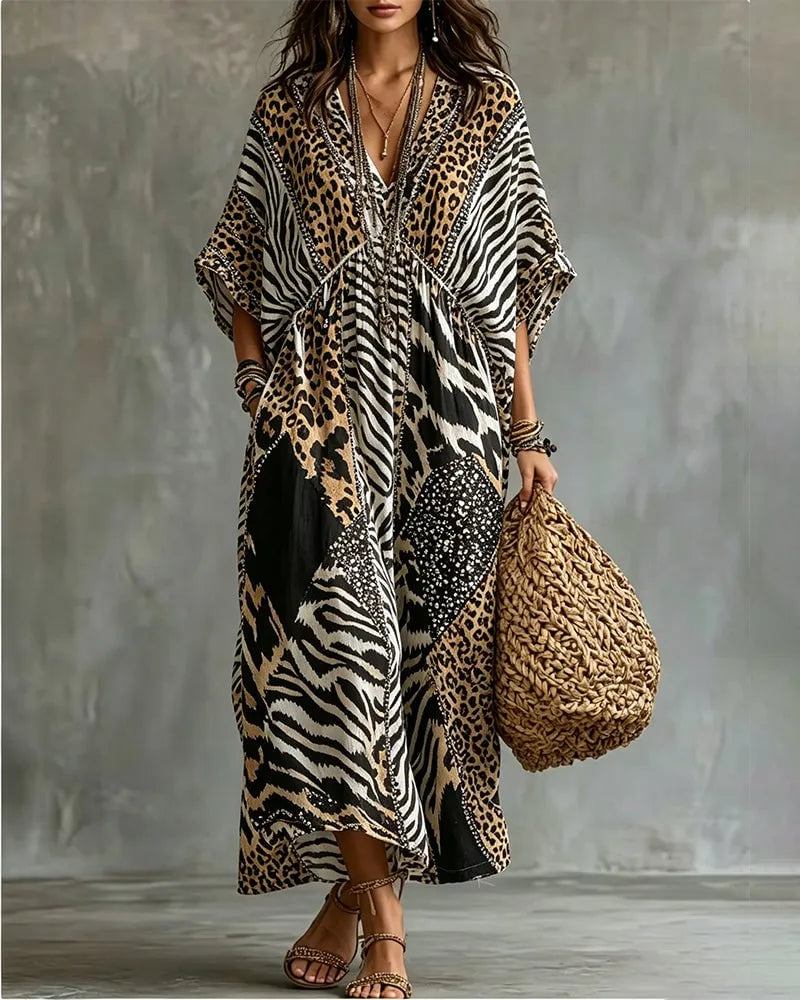 V-Neck Leopard Print Bat Sleeve Dress