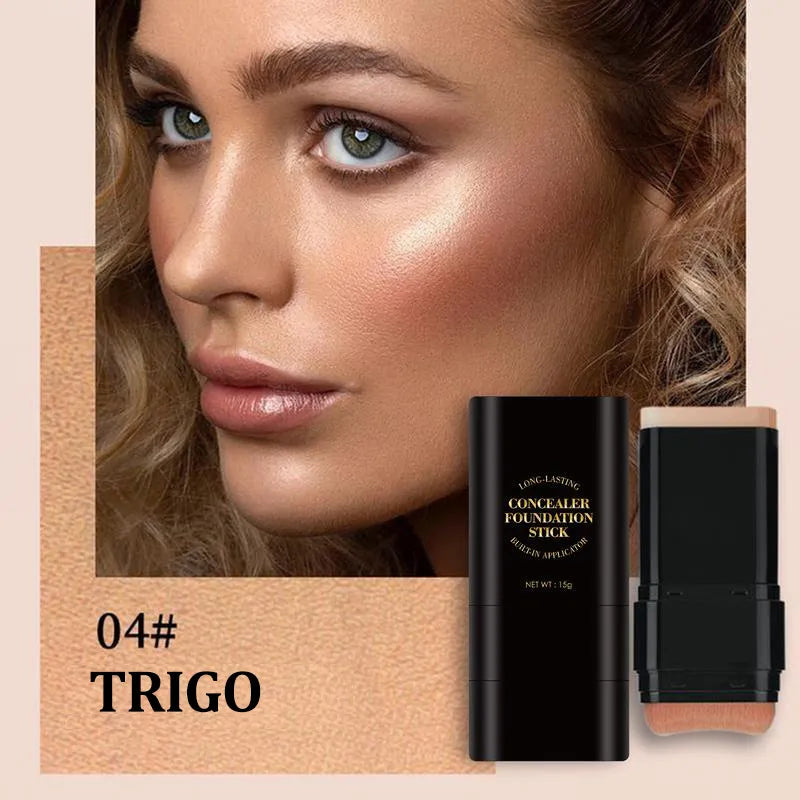 Concealer stick foundation, double-ended with built-in brush, moisturizing and lightweight