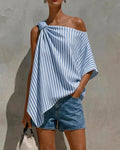 💙Striped Loose Asymmetric Design Blouse-upsell