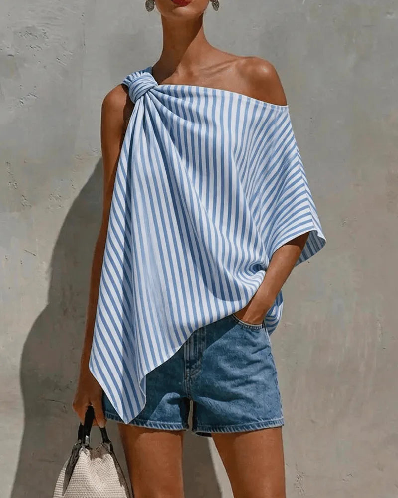 💙Striped Loose Asymmetric Design Blouse-upsell