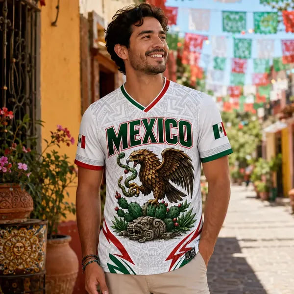 2026 Mexico Inspired White V-Neck Short Sleeve T-Shirt