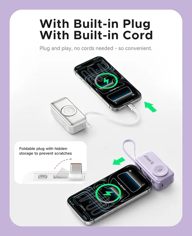 🔋 Orico 3-in-1 Power Bank – Integrated Cable & Foldable Wall Plug – Wireless Watch Charger for iPhone & Android ✈️