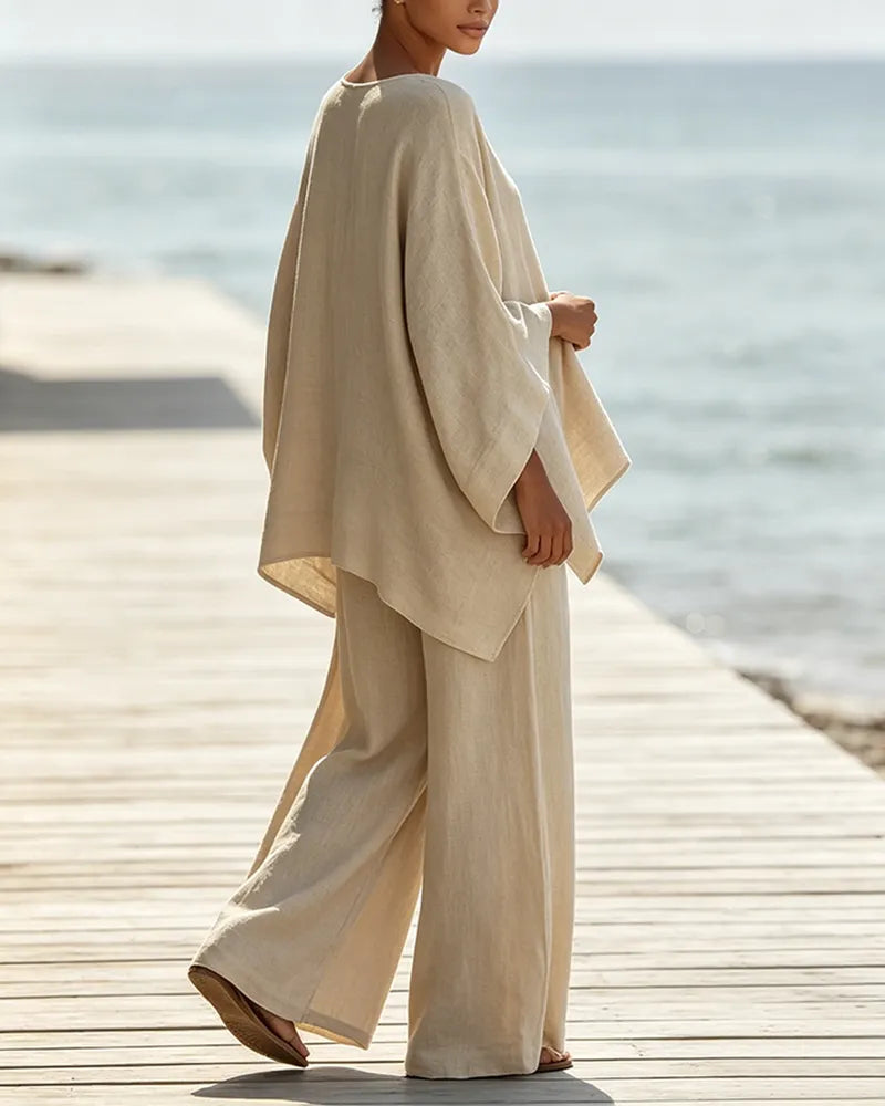 ✨Solid color shirt and wide-leg pants suit