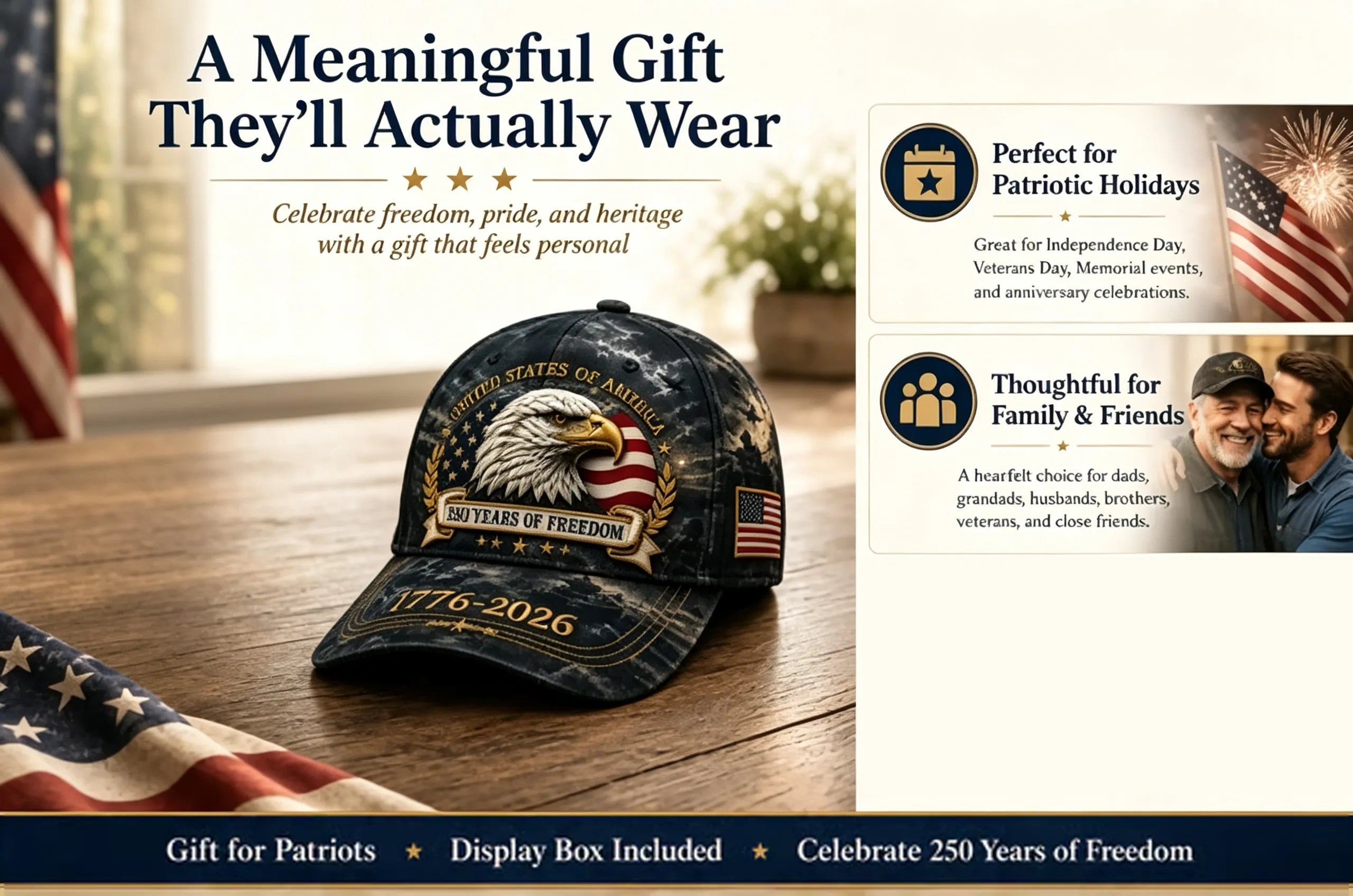 250 Years of Freedom Eagle Cap | Embroidered Patriotic Vintage Baseball Hat – 1776–2026 American Tribute Edition