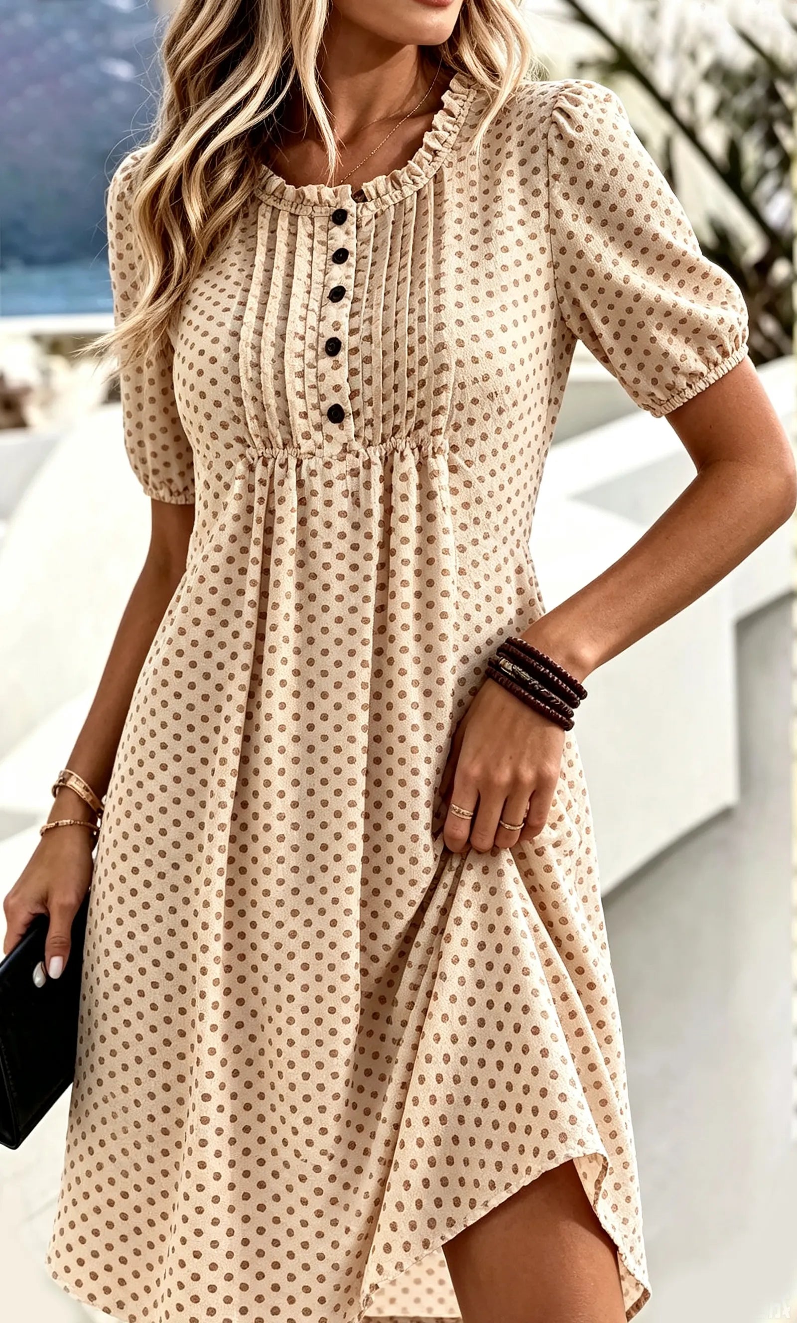 Crew Neck Polka Dot Ruffle Dress