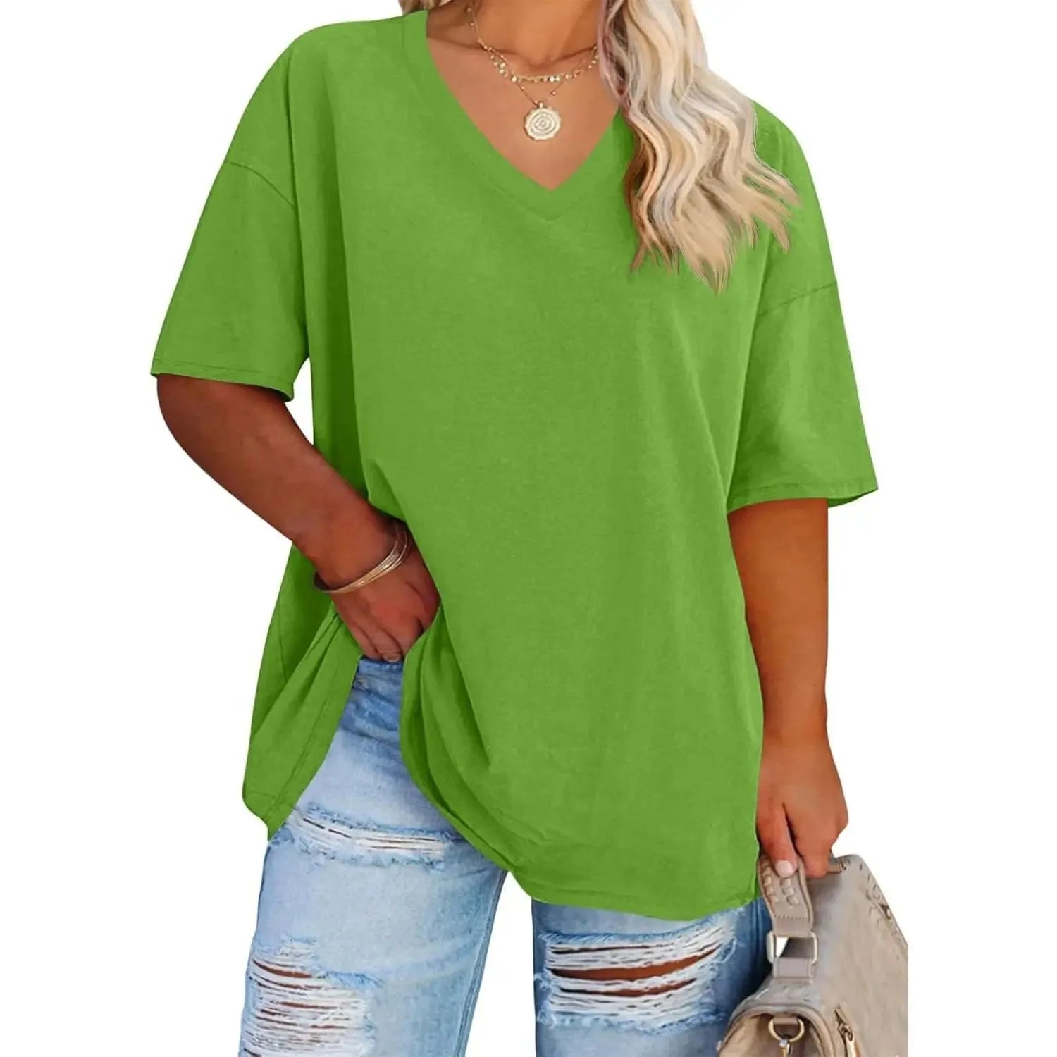 Women's Plus Size V Neck T Shirts Summer Half Sleeve Tees Casual Loose Fit Cotton Tunic Tops