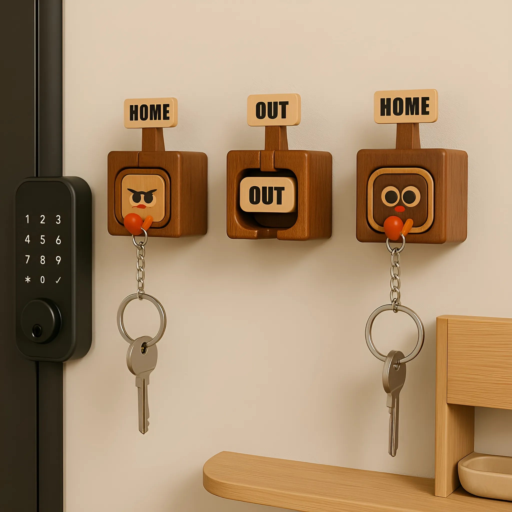 🔥Hot Selling:Creative Wooden Key Hooks with Funny Facial Expressions - Functional & Stylish Key