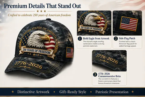 250 Years of Freedom Eagle Cap | Embroidered Patriotic Vintage Baseball Hat – 1776–2026 American Tribute Edition