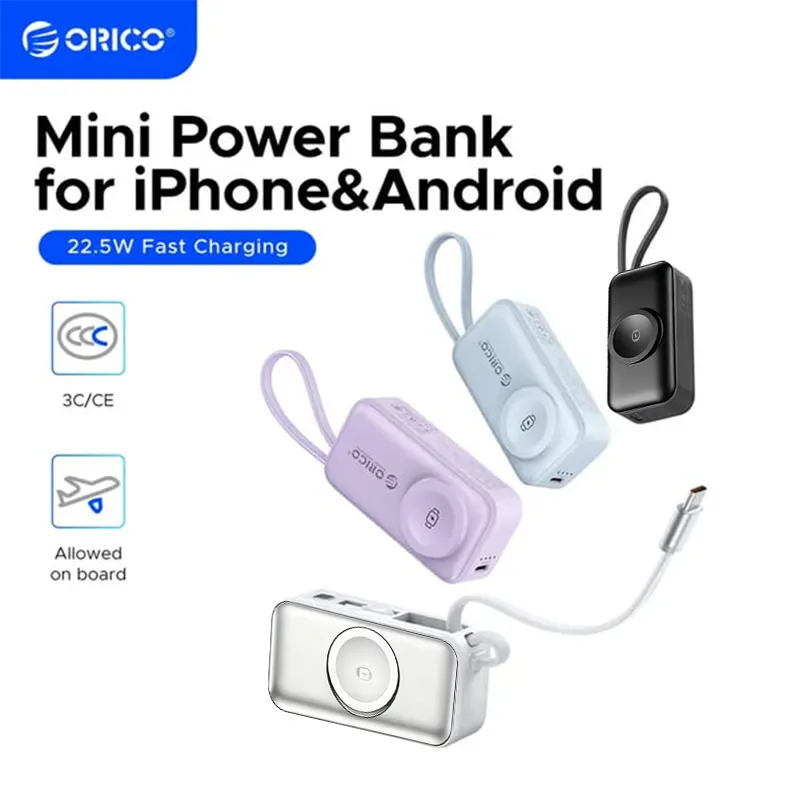 🔋 Orico 3-in-1 Power Bank – Integrated Cable & Foldable Wall Plug – Wireless Watch Charger for iPhone & Android ✈️