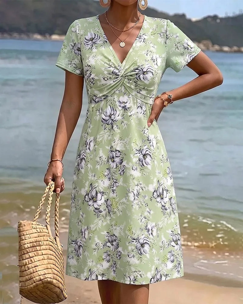 Floral V-Neck Twist Knot Dress