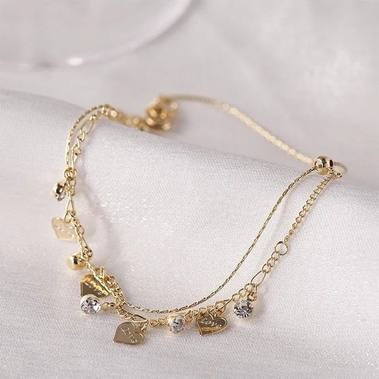 🌹Double Layer Rhinestones Heart Anklet