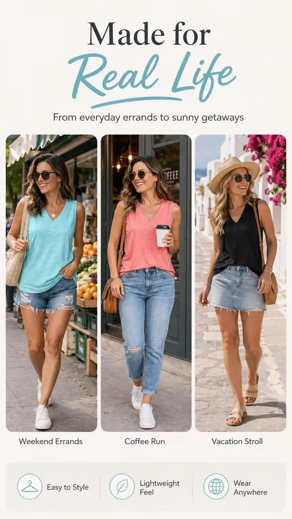 Women Summer Sleeveless V Neck Tank Top, Slimming Loose Fit Casual Tee for Daily☀️