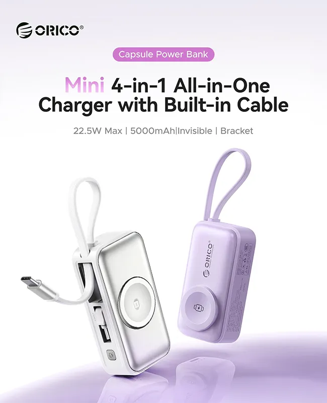 🔋 Orico 3-in-1 Power Bank – Integrated Cable & Foldable Wall Plug – Wireless Watch Charger for iPhone & Android ✈️