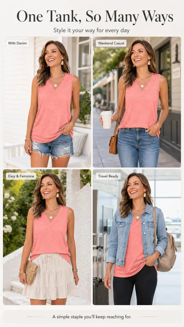 Women Summer Sleeveless V Neck Tank Top, Slimming Loose Fit Casual Tee for Daily☀️