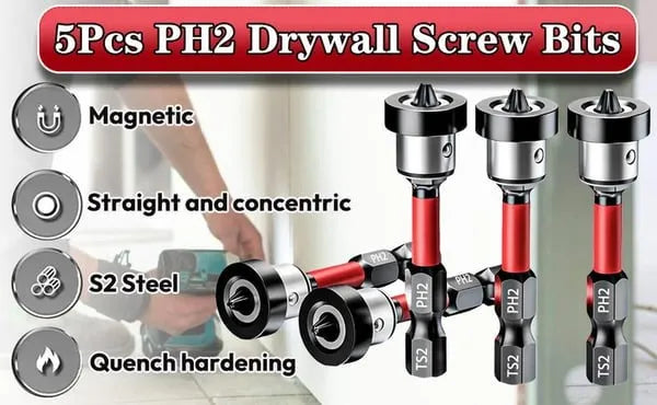 🔩5pcs Drywall Bit Attachment with Depth Stop, PH2 Magnetic Drywall Screwdriver Bits