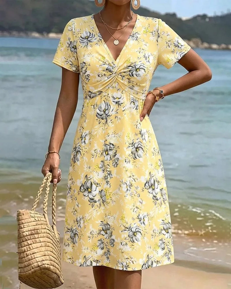Floral V-Neck Twist Knot Dress